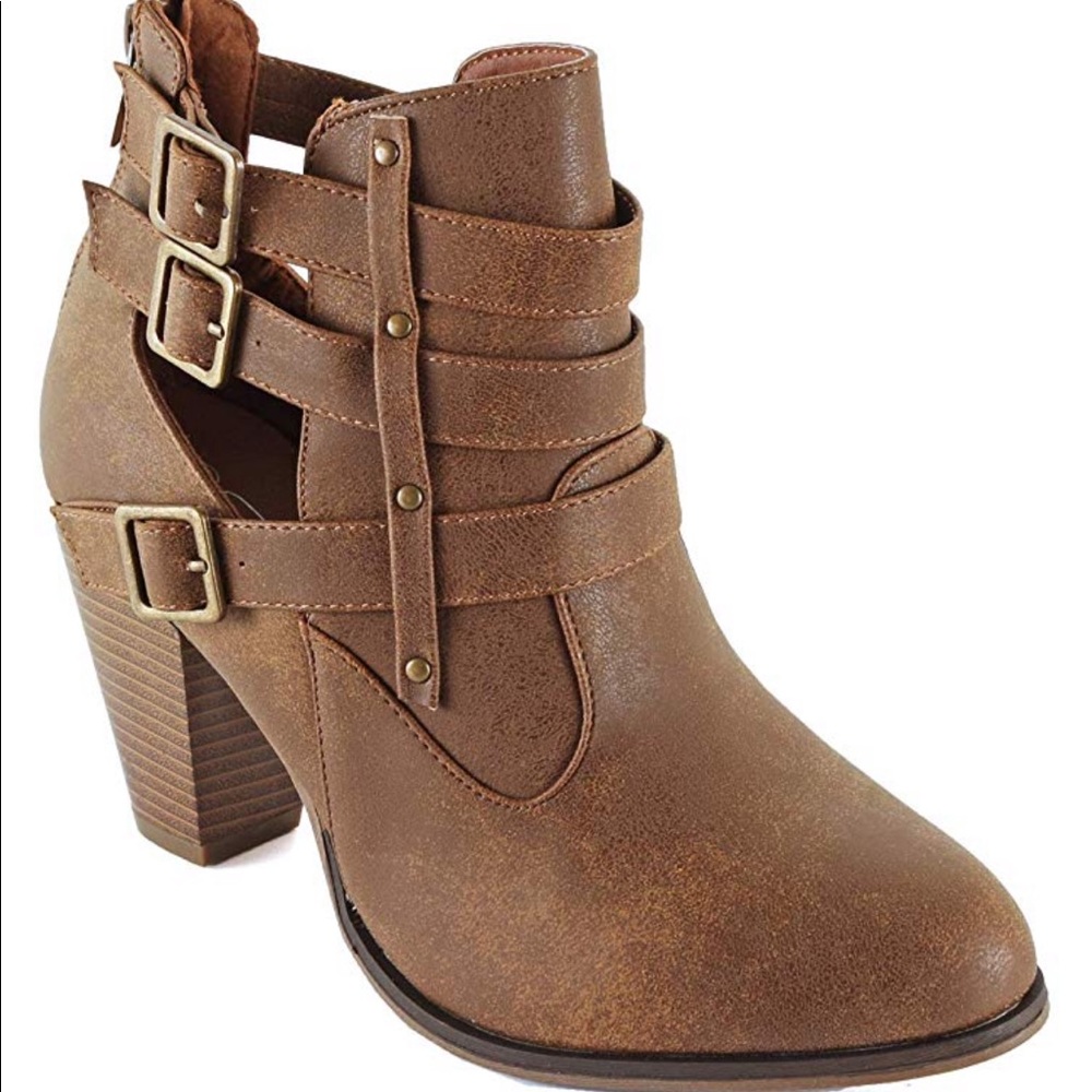 Tan Open Side Ankle Chunky Heel Booties - Picture 3 of 8
